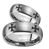 Bride and Groom 4 Maltese Cross Dome Brushed Tungsten Carbide Men's Ring Set