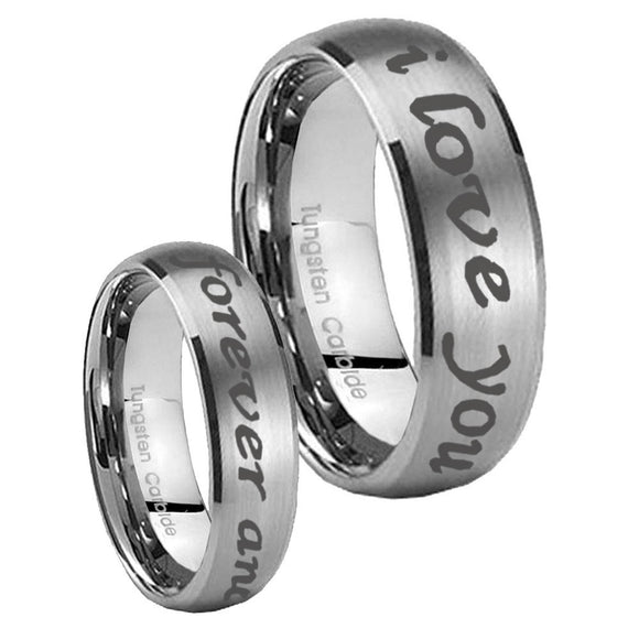 His Hers I Love You Forever and ever Dome Brushed Tungsten Mens Wedding Ring Set
