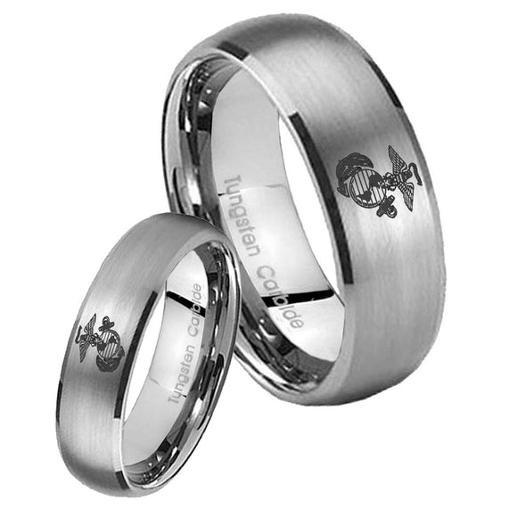 Bride and Groom Marine Dome Brushed Tungsten Carbide Men's Wedding Ring Set