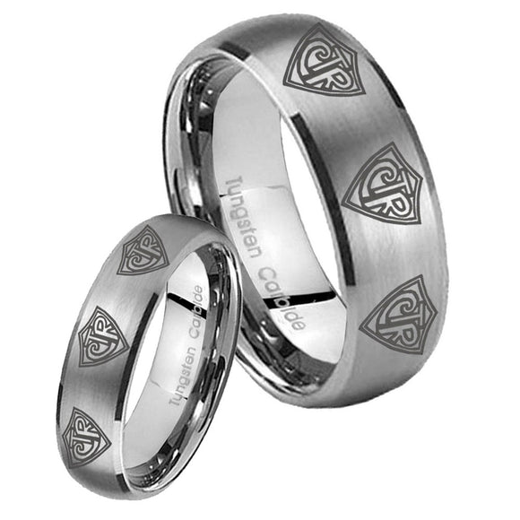 Bride and Groom Multiple CTR Dome Brushed Tungsten Carbide Personalized Ring Set