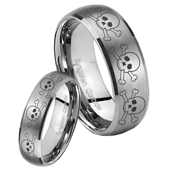 Bride and Groom Multiple Skull Dome Brushed Tungsten Personalized Ring Set