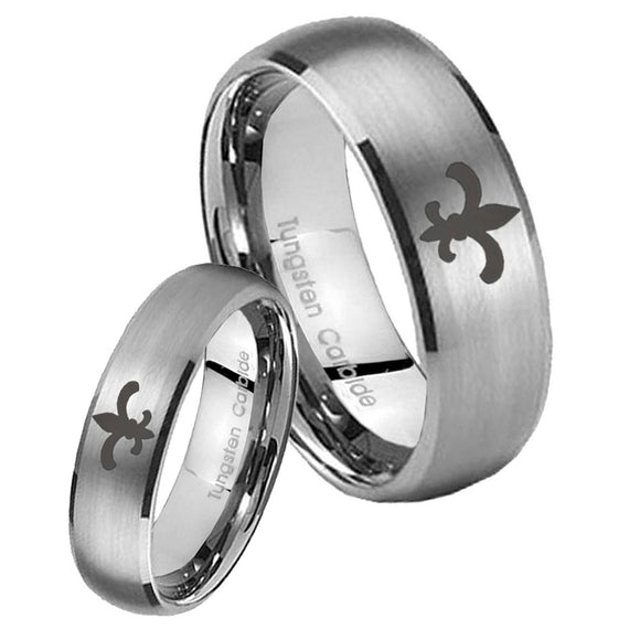 His and Hers Fleur De Lis Dome Brushed Tungsten Wedding Engagement Ring Set