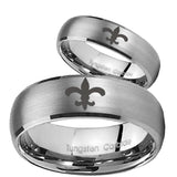 His and Hers Fleur De Lis Dome Brushed Tungsten Wedding Engagement Ring Set