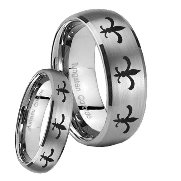 His and Hers Multiple Fleur De Lis Dome Brushed Tungsten Engagement Ring Set