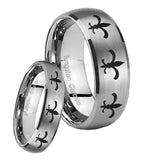 His and Hers Multiple Fleur De Lis Dome Brushed Tungsten Engagement Ring Set