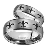 His and Hers Multiple Fleur De Lis Dome Brushed Tungsten Engagement Ring Set