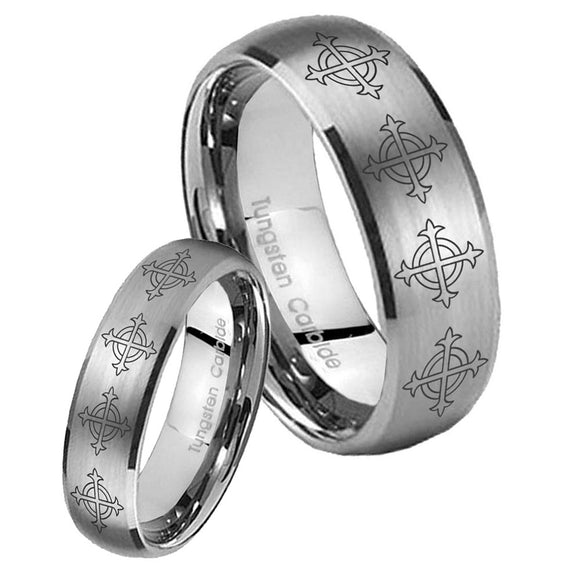 Bride and Groom Multiple Crosses Dome Brushed Tungsten Carbide Engraved Ring Set