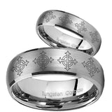 Bride and Groom Multiple Crosses Dome Brushed Tungsten Carbide Engraved Ring Set