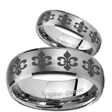 His Hers Multiple Fleur De Lis Dome Brushed Tungsten Mens Engagement Ring Set