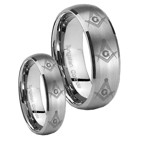His Hers Multiple Master Mason Masonic Dome Brushed Tungsten Rings Set