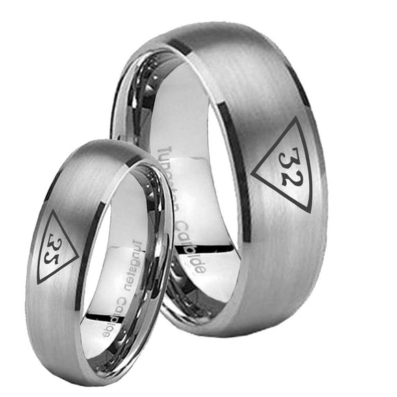 Bride and Groom Masonic 32 Triangle Freemason Dome Brushed Tungsten Carbide Wedding Band Ring Set