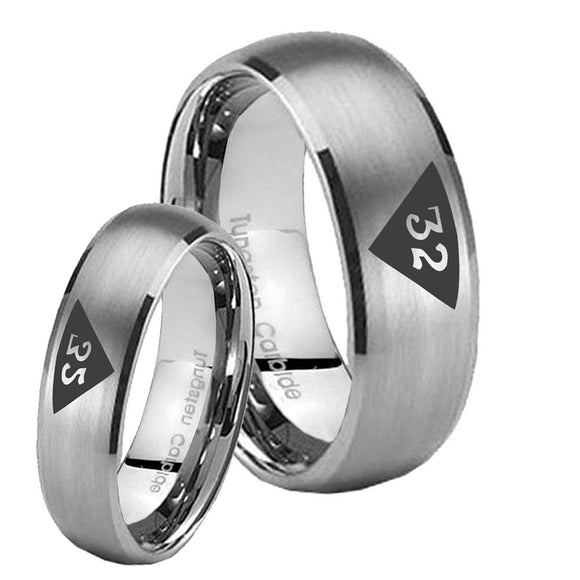 Bride and Groom Masonic 32 Triangle Design Freemason Dome Brushed Tungsten Carbide Wedding Band Ring Set