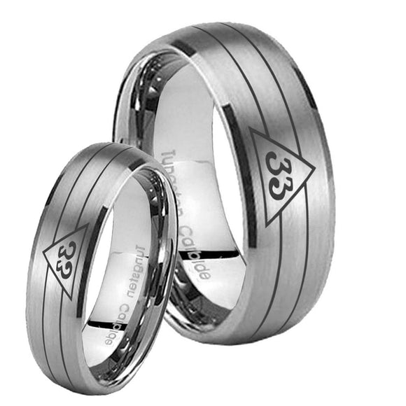 Bride and Groom Masonic 32 Duo Line Freemason Dome Brushed Tungsten Carbide Wedding Band Ring Set