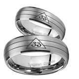 Bride and Groom Masonic 32 Duo Line Freemason Dome Brushed Tungsten Carbide Wedding Band Ring Set