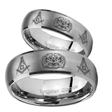 Bride and Groom Masonic 32 Design Dome Brushed Tungsten Men's Wedding Band Set