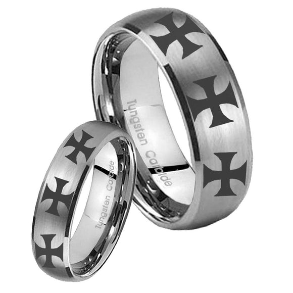 His Hers Multiple Maltese Cross Dome Brushed Tungsten Men's Band Ring Set