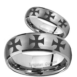 His Hers Multiple Maltese Cross Dome Brushed Tungsten Men's Band Ring Set