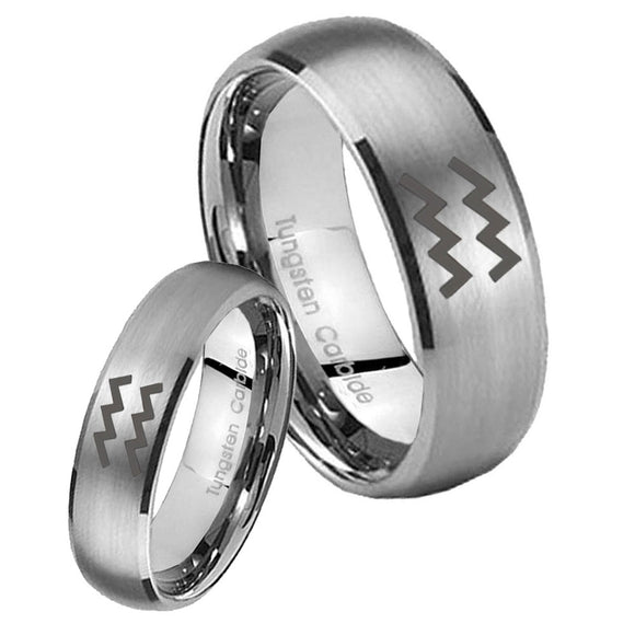 His and Hers Aquarius Horoscope Dome Brushed Tungsten Wedding Bands Ring Set