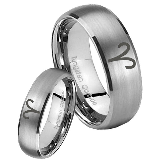 His and Hers Aries Zodiac Dome Brushed Tungsten Wedding Engagement Ring Set