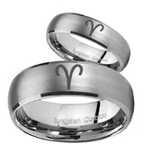 His and Hers Aries Zodiac Dome Brushed Tungsten Wedding Engagement Ring Set