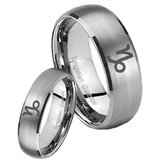Bride and Groom Capricorn Zodiac Dome Brushed Tungsten Anniversary Ring Set