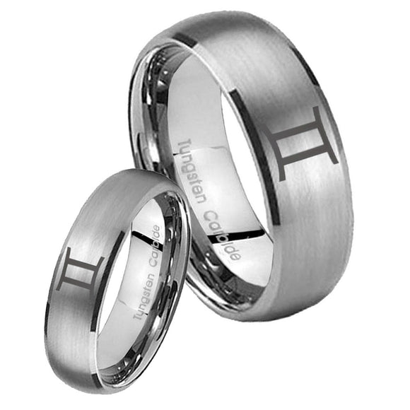 Bride and Groom Gemini Zodiac Dome Brushed Tungsten Carbide Bands Ring Set