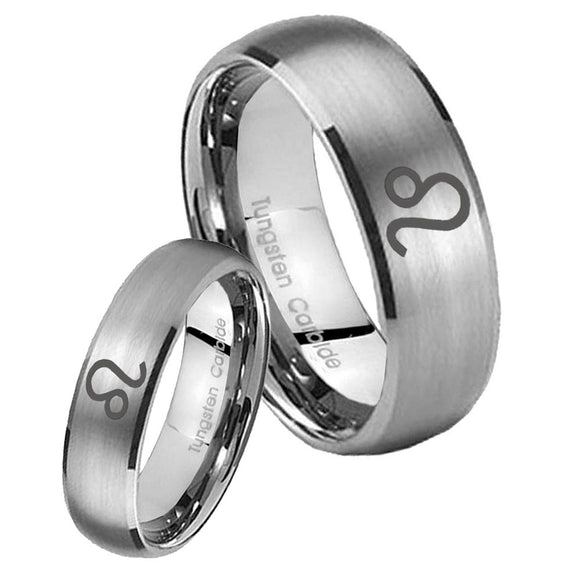 Bride and Groom Leo Zodiac Dome Brushed Tungsten Carbide Custom Mens Ring Set