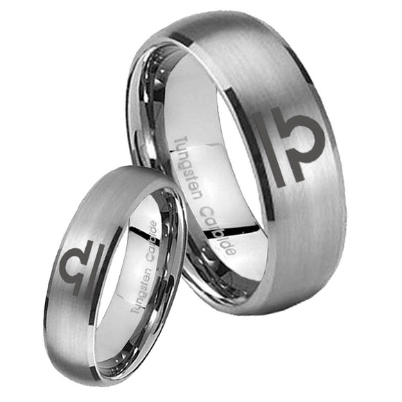 Bride and Groom Libra Horoscope Dome Brushed Tungsten Custom Ring for Men Set