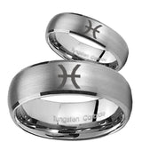 Bride and Groom Pisces Zodiac Dome Brushed Tungsten Carbide Engagement Ring Set