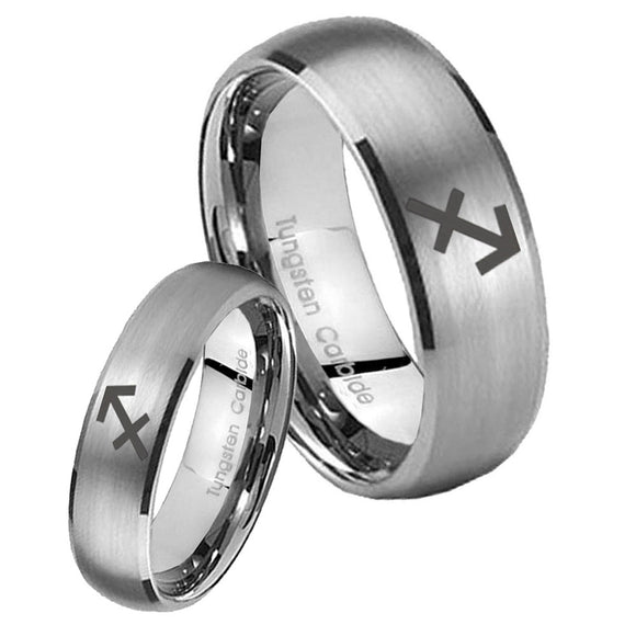 Bride and Groom Sagittarius Zodiac Dome Brushed Tungsten Engraved Ring Set