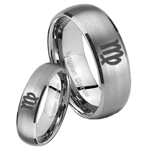 Bride and Groom Virgo Zodiac Dome Brushed Tungsten Carbide Mens Bands Ring Set