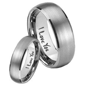 Bride and Groom I Love You Dome Brushed Tungsten Mens Engagement Ring Set
