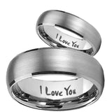 Bride and Groom I Love You Dome Brushed Tungsten Mens Engagement Ring Set