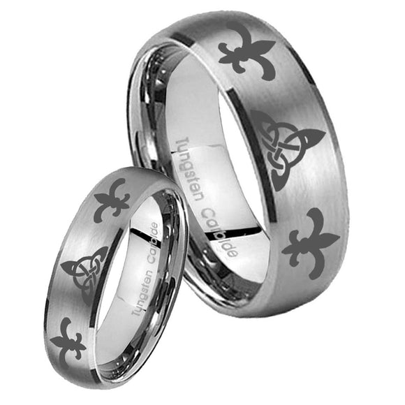 His Hers Celtic Triangle Fleur De Lis Dome Brushed Tungsten Ring Set
