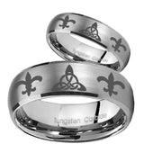 His Hers Celtic Triangle Fleur De Lis Dome Brushed Tungsten Ring Set