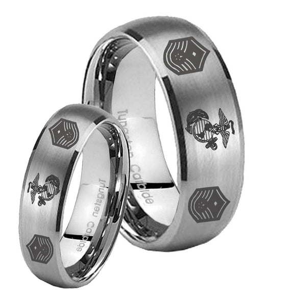 His Hers Marine Chief Master Sergeant  Dome Brushed Tungsten Wedding Engagement Ring Set