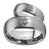 Bride and Groom Fireman Dome Brushed Tungsten Carbide Men's Promise Rings Set