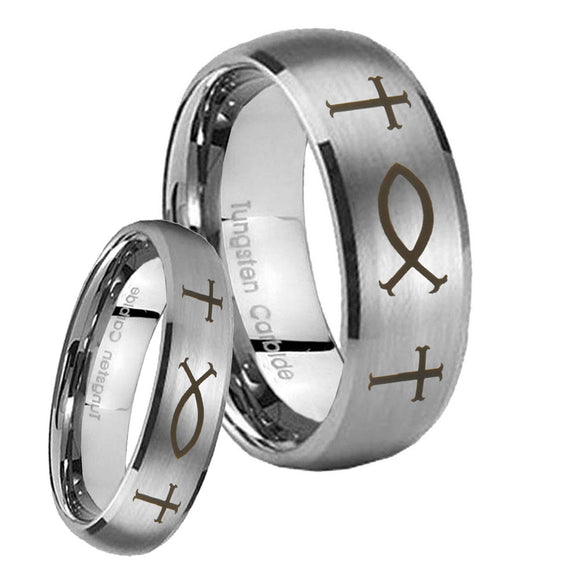 Bride and Groom Fish & Cross Dome Brushed Tungsten Wedding Engraving Ring Set