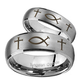 Bride and Groom Fish & Cross Dome Brushed Tungsten Wedding Engraving Ring Set