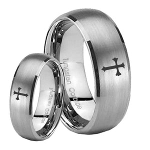 His Hers Flat Christian Cross Dome Brushed Tungsten Wedding Engraving Ring Set