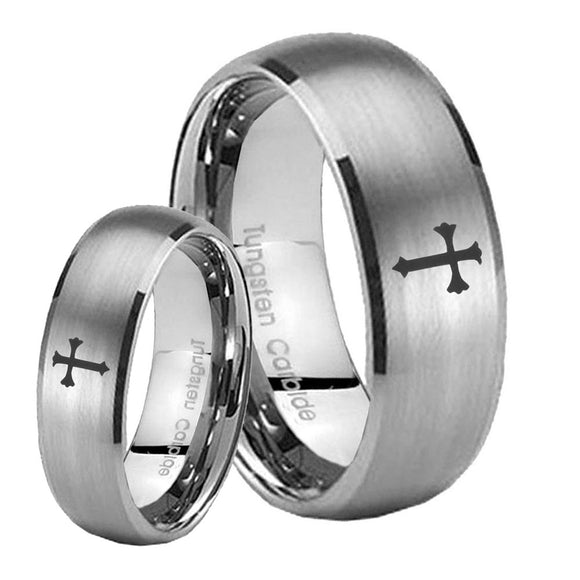 His Hers Flat Christian Cross Dome Brushed Tungsten Wedding Engraving Ring Set