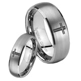 His Hers Flat Christian Cross Dome Brushed Tungsten Men's Wedding Ring Set