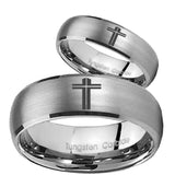 His Hers Flat Christian Cross Dome Brushed Tungsten Men's Wedding Ring Set