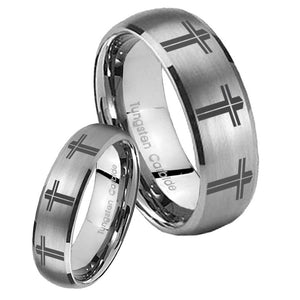 His and Hers Multiple Christian Cross Dome Brushed Tungsten Promise Ring Set