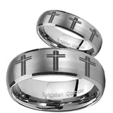 His and Hers Multiple Christian Cross Dome Brushed Tungsten Promise Ring Set