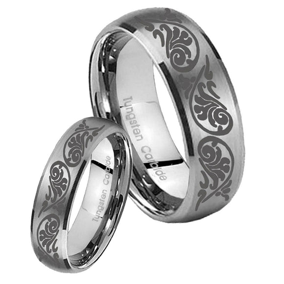 His Hers Etched Tribal Pattern Dome Brushed Tungsten Mens Engagement Band Set