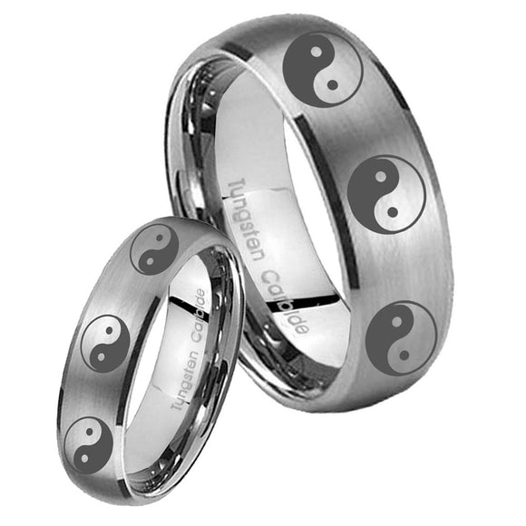 Bride and Groom Multiple Yin Yang Dome Brushed Tungsten Mens Wedding Band Set