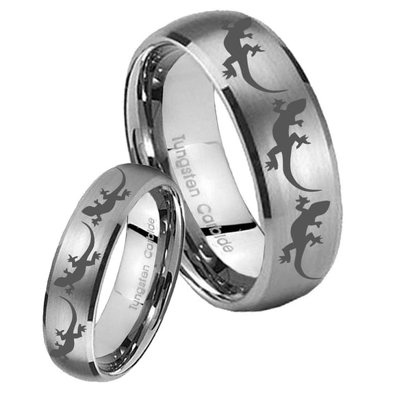 Bride and Groom Multiple Lizard Dome Brushed Tungsten Carbide Engraved Ring Set