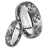Bride and Groom Multiple Anchor Dome Brushed Tungsten Anniversary Ring Set