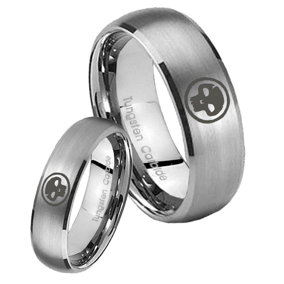 Bride and Groom Skull Dome Brushed Tungsten Carbide Mens Promise Ring Set